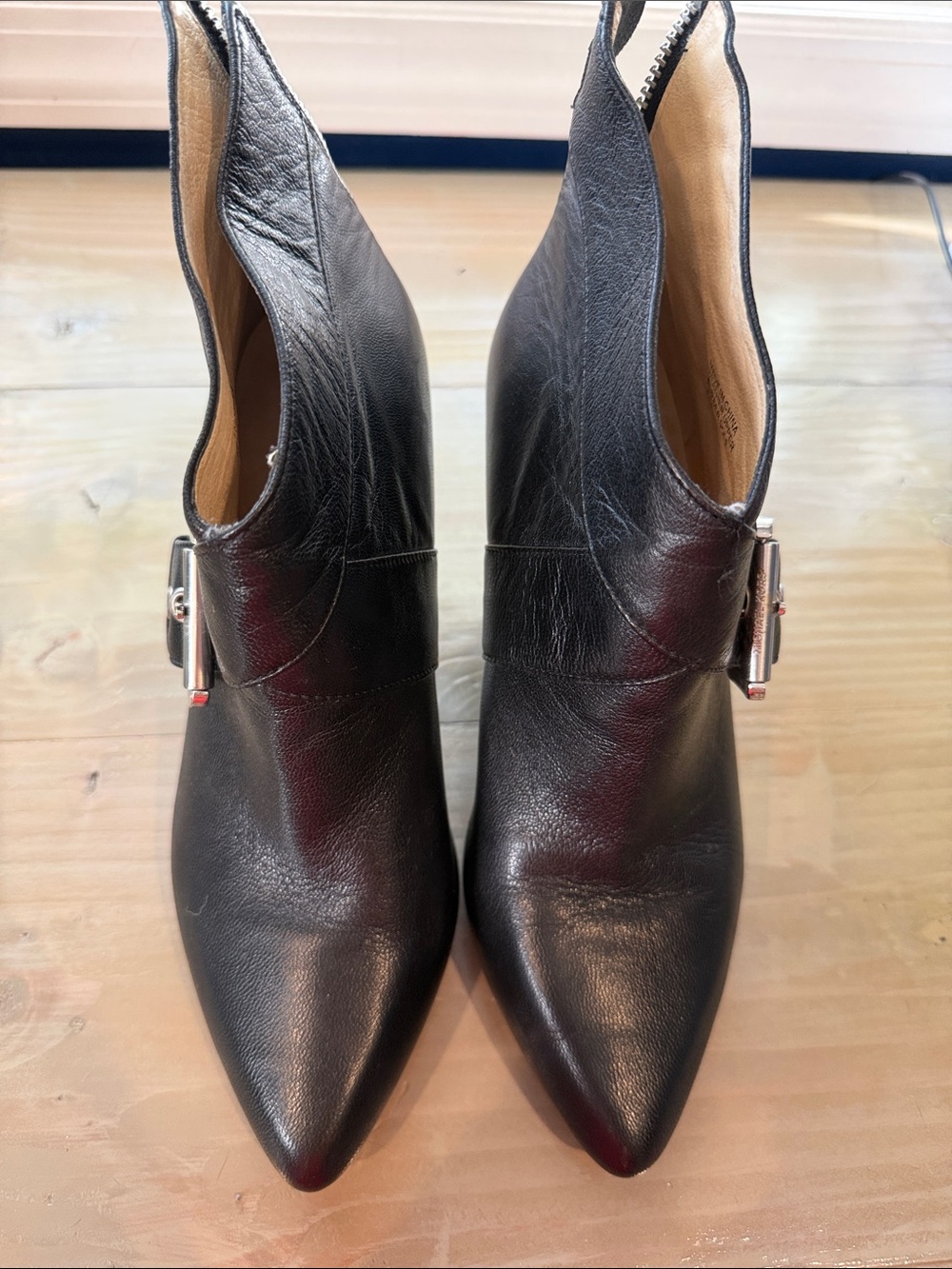 MICHAEL Michael Kors Black Leather Pointed Ankle Boots with Side Buckle